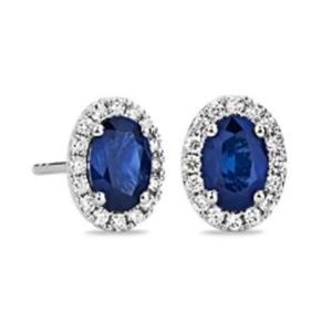 Diamond Halo and Oval Blue Sapphire set in 14k White Gold, Giftable Earrings